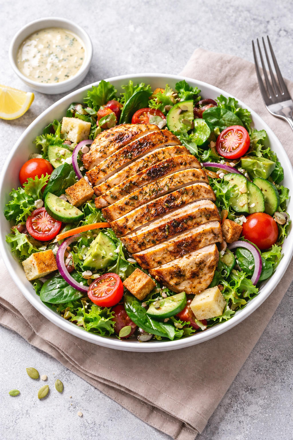 1. Salad Sayur dengan Ayam Panggang: Sehat dan mengenyangkan